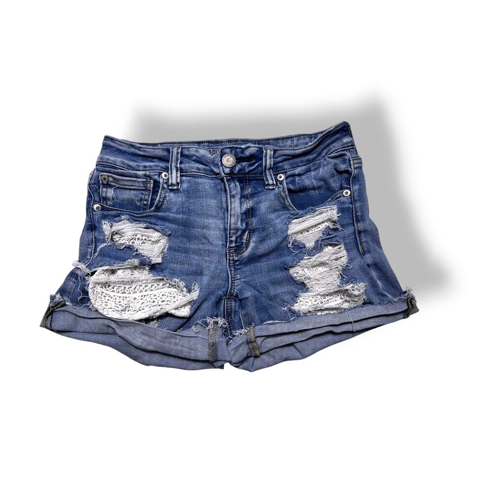 American Eagle " Next Level Stretch" Distressed Denim Shorts w/ Lace Inset US 8